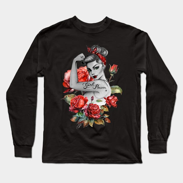 Red Roses and Ladybug Girl Power by Anne Cha Modern Rosie the Riveter Long Sleeve T-Shirt by annechaart